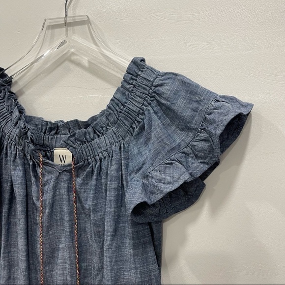 W Wrapper Chambray Split Neck Tassel Off The Shoulder Dress Small Blue - Picture 3 of 7